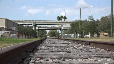 Urban Train Tracks And Freeway Overpass Stock Footage 47453700