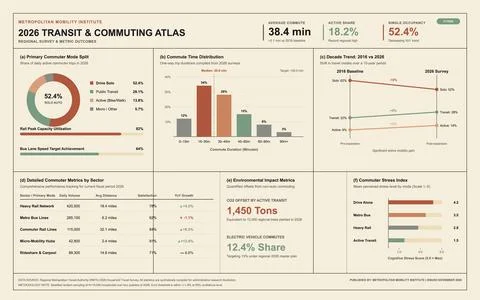 Urban Transit and Commuting Data Dashboard with Statistical Infographics Stock Illustration
