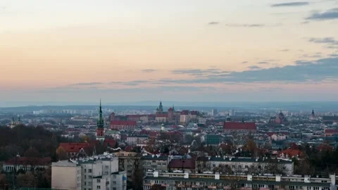 Urban Twilight: Fast-Forward Sunset in Krakow, Poland Video stock 306470941