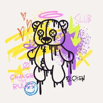 Urban typography slogan Change the Rules and bear doll with spray effect. Groovy Stock Illustration