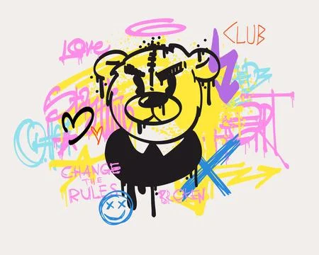 Urban typography slogan Change the Rules and bear doll with spray effect. Groovy Stock Illustration