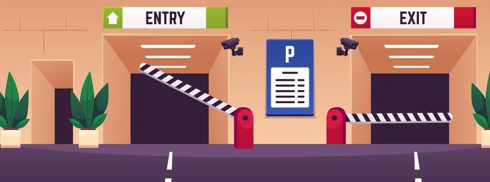 Urban underground parking interior vector flat illustration, entry and exit gate Stock Illustration