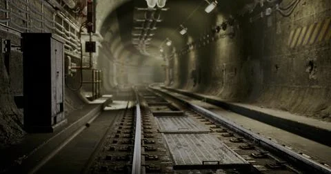Urban underground tunnel with train tracks and ambient lighting effects Illustrazione stock