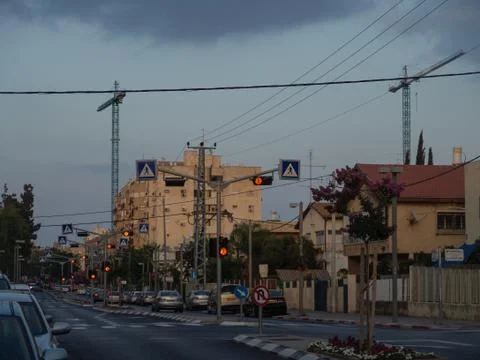 Urban view of an empty two sided road with walking signs lit up in orange 写真素材
