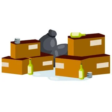 Urban waste problem. Pollution of environment. Trash in black bag, Stock Illustration