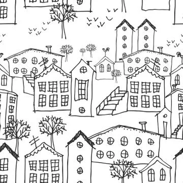 Urban winter landscape seamless pattern. Sketch. black and white hand-drawn b Stock Illustration