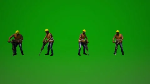 Urban workers in green screen digging with tools in four different views in 3D Stock Footage 214364129