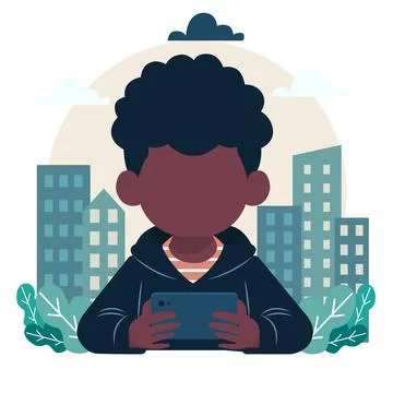 Urban Youth Using Handheld Device, Cityscape, Illustration Art Stock Illustration