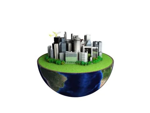 Urbanization concept with globe and city on abstract white background 3D Rend Illustrazione stock