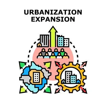 Urbanization expansion forming city development concept Stock Illustration