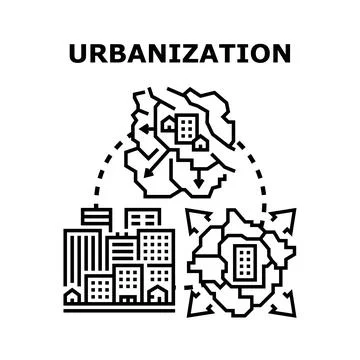 Urbanization process expanding global community development concept Stock Illustration