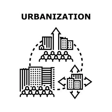 Urbanization process with growing cities and migrating population Stock Illustration