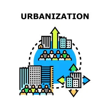 Urbanization process with growing cities and migrating population Stock Illustration