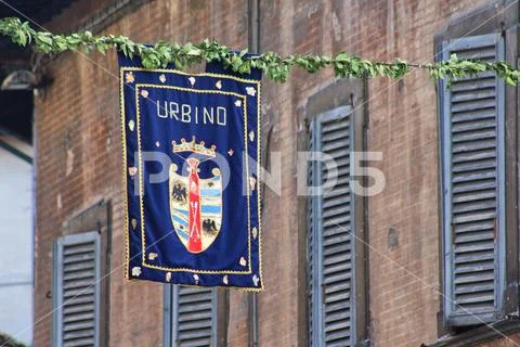 Urbino, Italy, coat of arms in the street Stock Photos