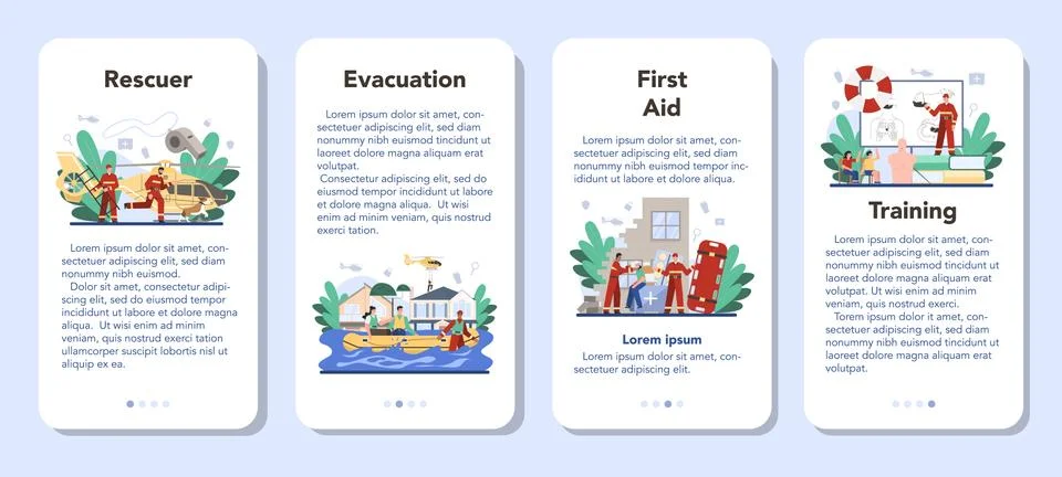 Urgency rescuer help mobile application banner set. Ambulance lifeguard Stock Illustration