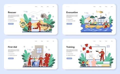 Urgency rescuer help web banner or landing page set. Ambulance lifeguard Stock Illustration