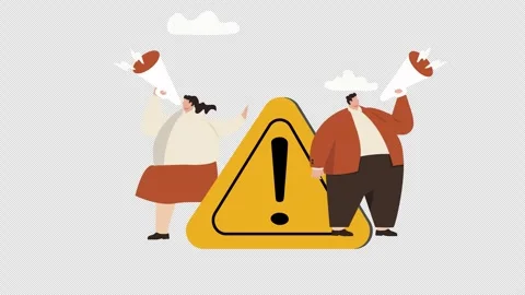 Urgent announcement concept with people using megaphones and a prominent warning Stock Footage 346348318