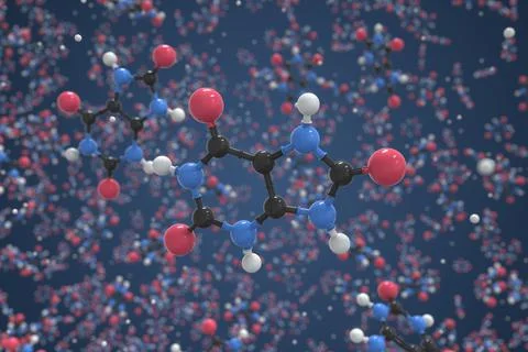 Uric acid molecule made with balls, conceptual molecular model. Chemical 3d Stock Illustration