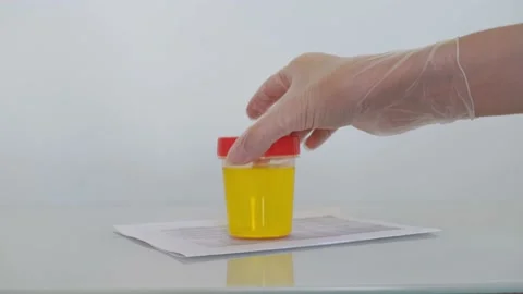 Urinalysis, Drug Testing, Plastic jars. Urine test Stock Footage 132154990