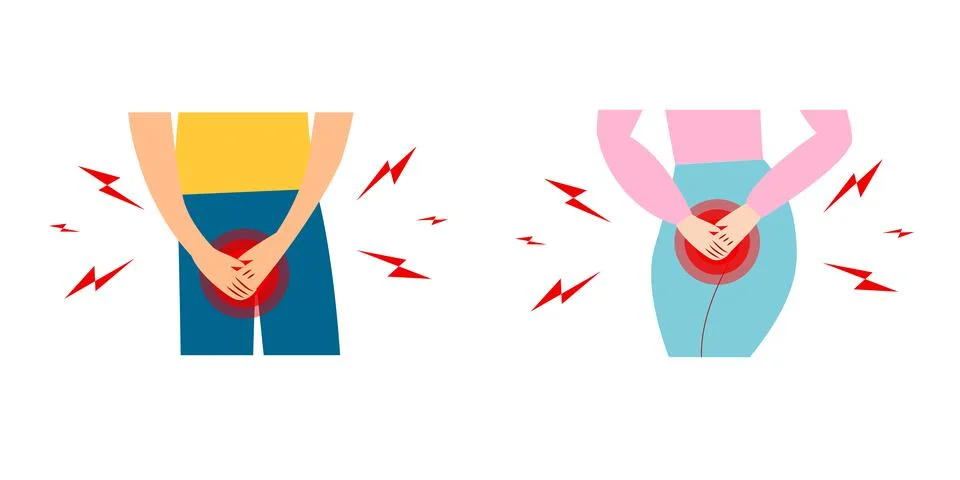 Urinary incontinence problem. Man and women hands holding his crotch, Male ge Illustrazione stock