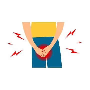 Urinary incontinence problem. Man hands holding his crotch, Male gender want  Stock Illustration