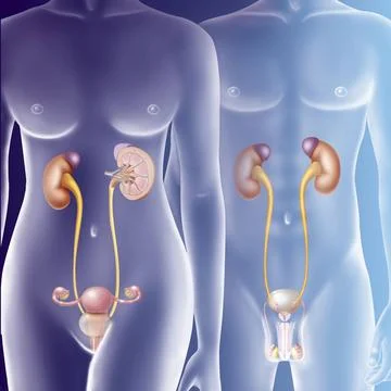  Urinary system, drawing The human urinary tract and reproductive system (... Stock Photos