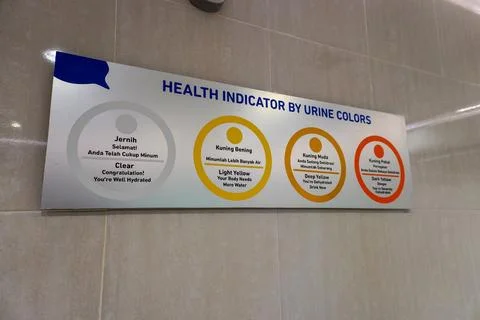Urine color-based indicator boards installed in public toilet walls Stock Photos