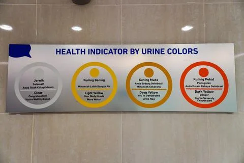 Urine color-based indicator boards installed in public toilet walls Stock Photos