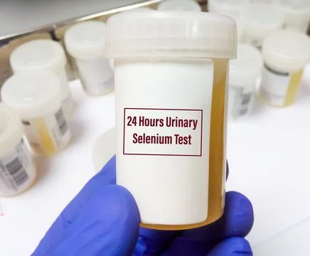 Urine container with sample for 24 hours urinary selenium test. 스톡 사진