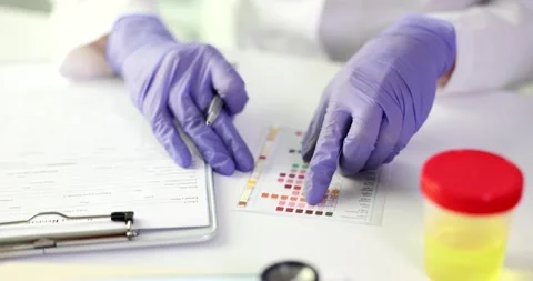 Urine pH test strips study of urine tests in clinic Stock Footage 237594861