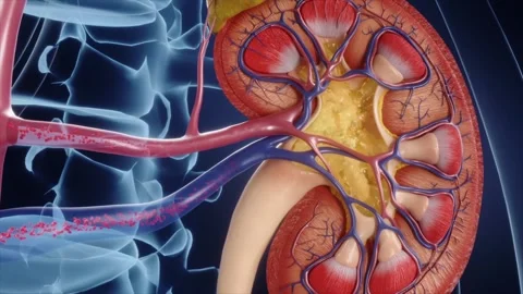 Urine is produced in the renal pelvis, flows down the ureters Stockbeeldmateriaal 345015942