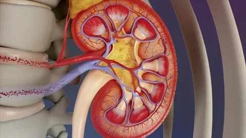 Urine is produced in the renal pelvis, flows down the ureters Stockbeeldmateriaal 345016029