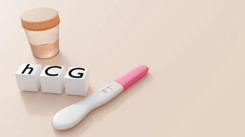 Urine sample cup, a positive test stick and four blocks spell "hCG," Illustrazione stock