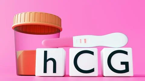 Urine sample cup, a positive test stick and four blocks spell "hCG," 스톡 일러스트