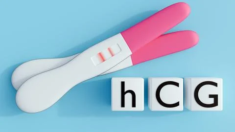 Urine sample cup, a positive test stick and four blocks spell "hCG," Stock Illustration