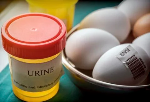 Urine samples and eggs in poor condition for examination in clinical laborato Foto stock