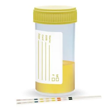 Urine Test Strip With The Plastic Jar Of Urine. Medical Examination Isolated On Stock Illustration