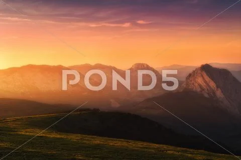 Urkiola mountain range at sunset Stock Photos
