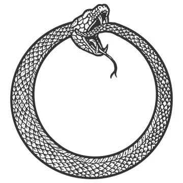 Uroboros, snake coiled in a ring, biting its tail. Scratch board imitation Stock Illustration