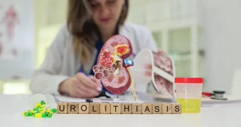 Urolithiasis cubes with kidney model and urine sample on lab desk 库存影片 314111351