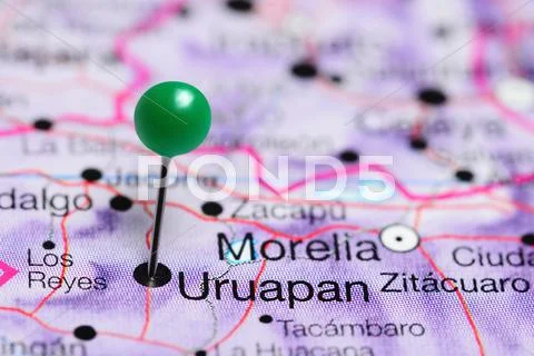 Uruapan pinned on a map of Mexico Stock Photos