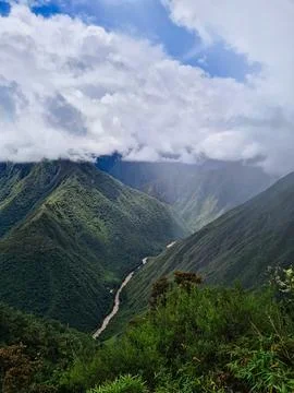Urubamba River Winding Through Green Mountain Valley in Peru Stock Photos