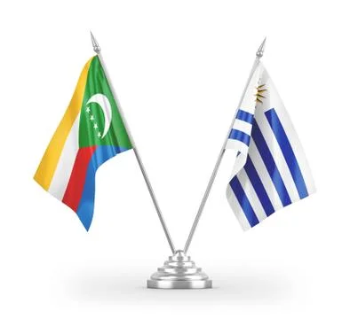 Uruguay and Comoros table flags isolated on white 3D rendering Stock Illustration