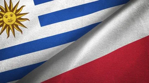 Uruguay and Poland two flags textile cloth, fabric texture Stock Illustration