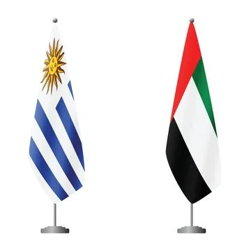 Uruguay and United Arab Emirates flags on flagpoles for official ceremonies and Illustration