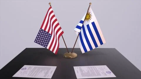 Uruguay and USA at negotiating table. Business and politics 3D illustration.  스톡 일러스트