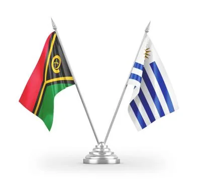 Uruguay and Vanuatu table flags isolated on white 3D rendering Stock Illustration