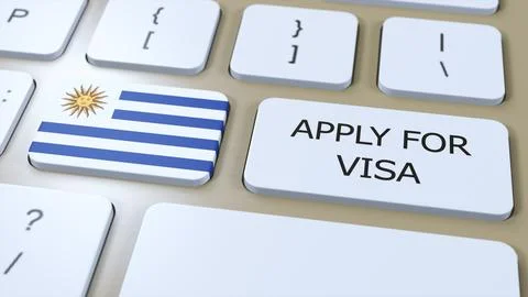 Uruguay, Apply for Visa Concept. Button Push 3D Illustration. Visa Apply for 스톡 일러스트
