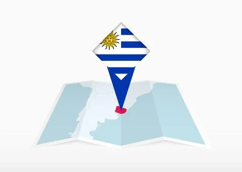 Uruguay is depicted on a folded paper map and pinned location marker with f.. Stock Illustration