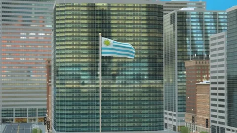 Uruguay Flag 3D Render Animation on Pole with Modern Business District Build Video stock 332878125